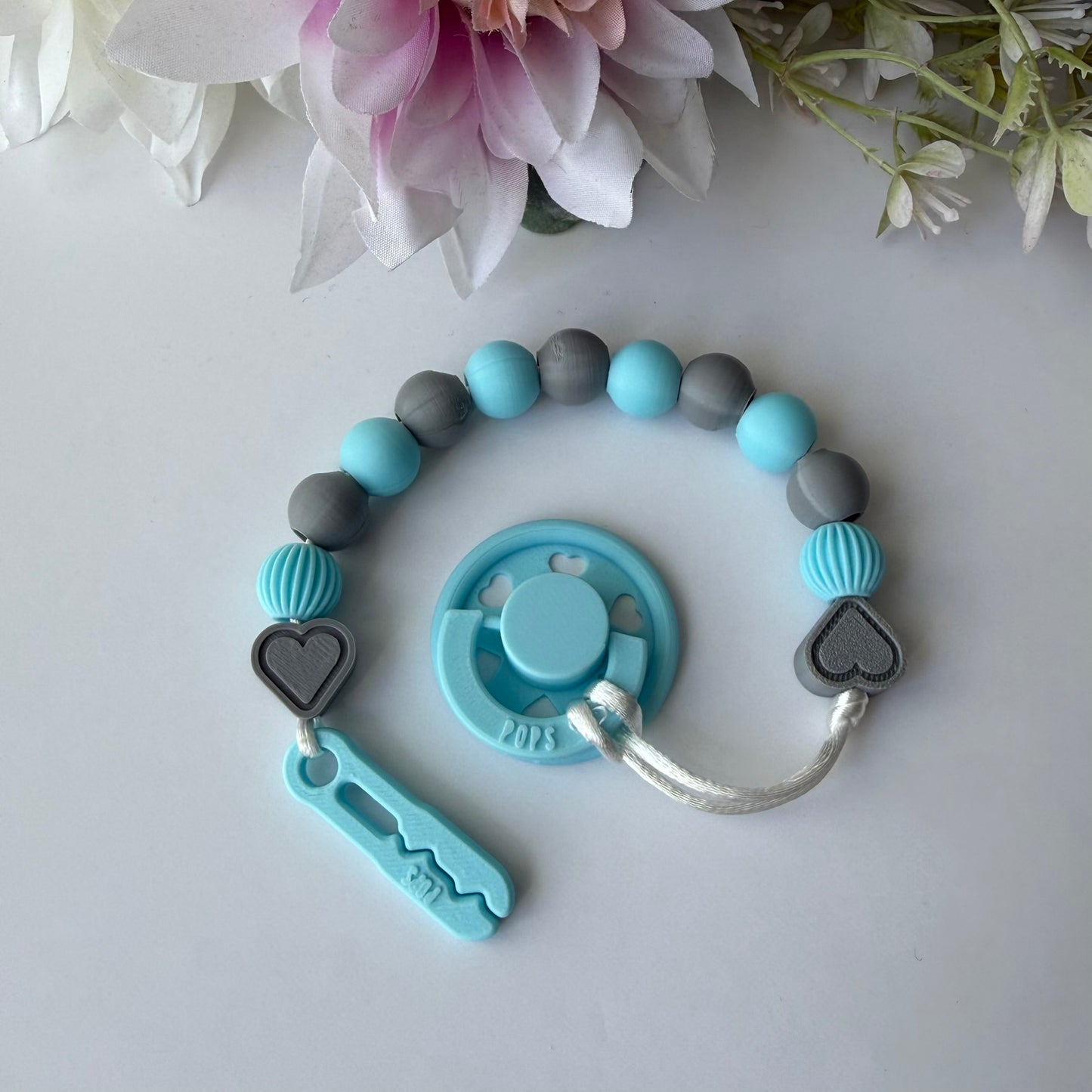 POPS Dummy Clip - Blue & Grey Hearts & Lanterns - Can be personalised