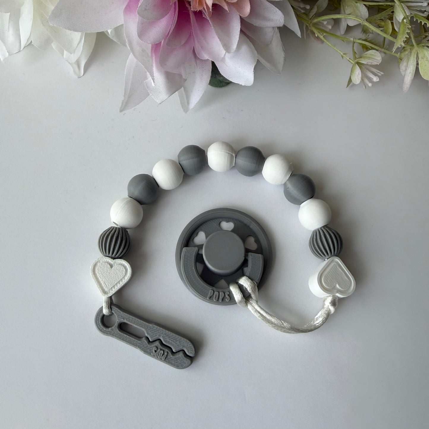 POPS Dummy Clip - White & Grey Hearts & Lanterns - Can be personalised