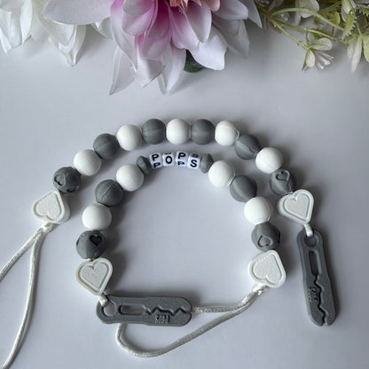 POPS Dummy Clip - White & Grey Hearts & Hearts - Can be personalised
