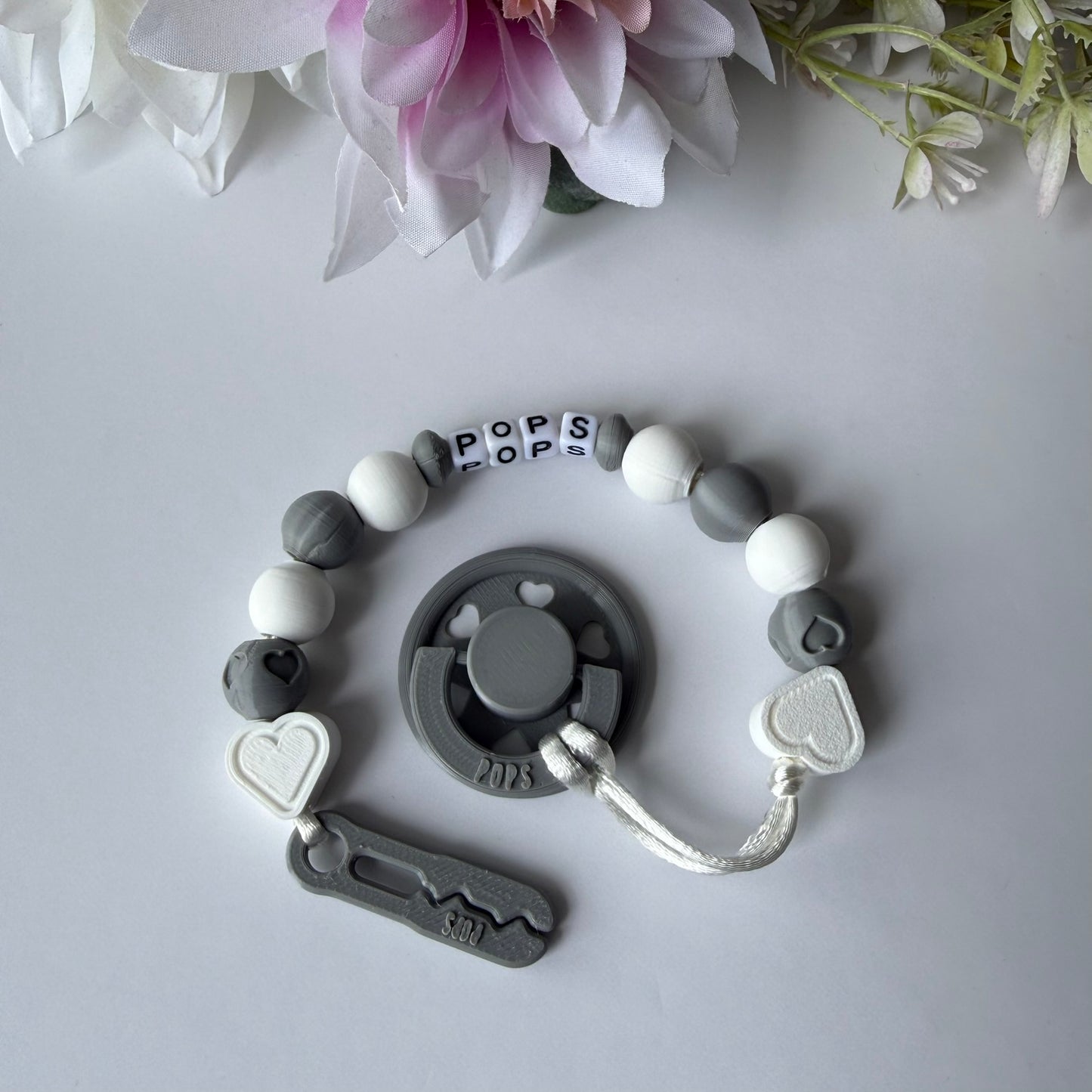 POPS Dummy Clip - White & Grey Hearts & Hearts - Can be personalised