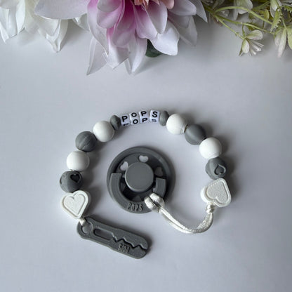 POPS Dummy Clip - White & Grey Hearts & Hearts - Can be personalised