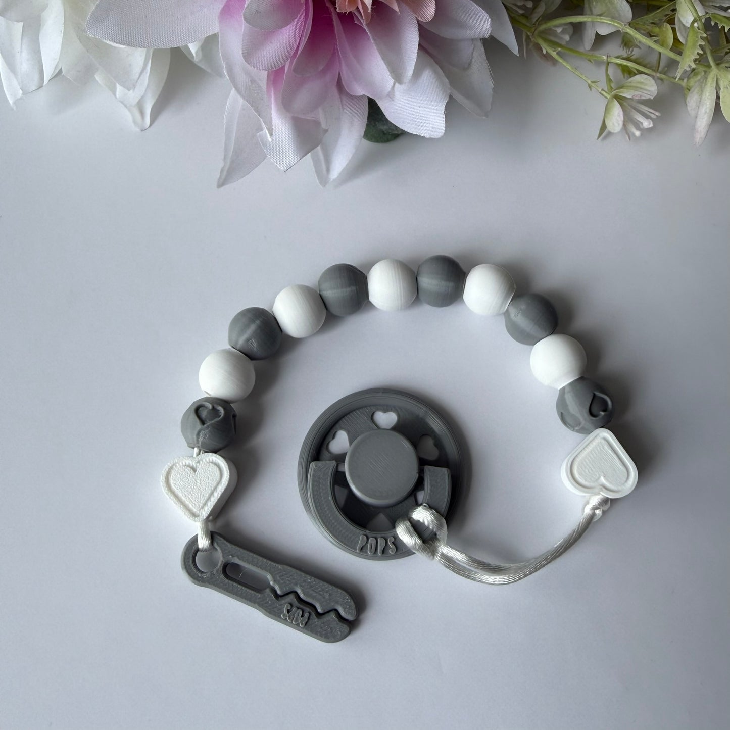 POPS Dummy Clip - White & Grey Hearts & Hearts - Can be personalised