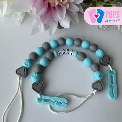 POPS Dummy Clip - Blue & Grey Hearts & Hearts - Can be personalised