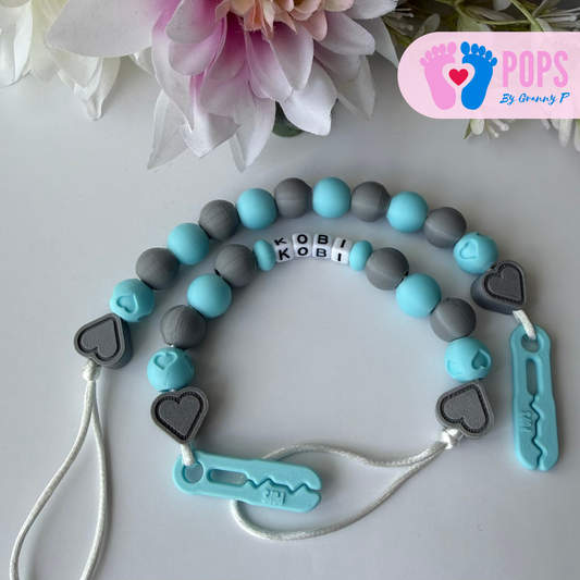 POPS Dummy Clip - Blue & Grey Hearts & Hearts - Can be personalised