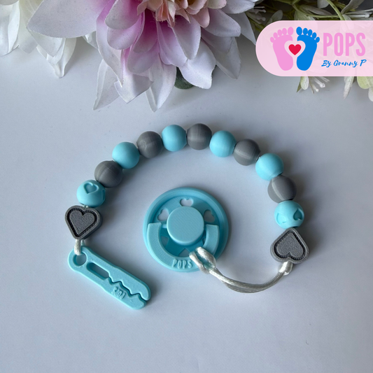 POPS Dummy Clip - Blue & Grey Hearts & Hearts - Can be personalised