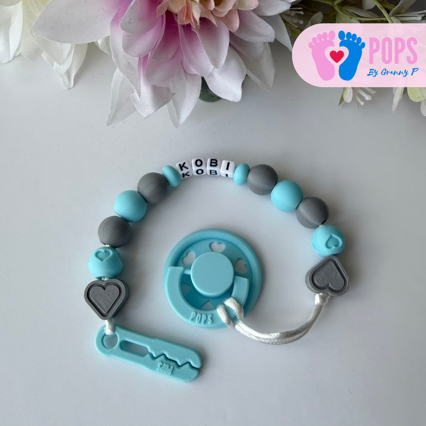 POPS Dummy Clip - Blue & Grey Hearts & Hearts - Can be personalised