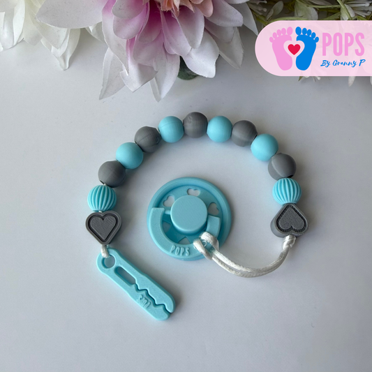 POPS Dummy Clip - Blue & Grey Hearts & Lanterns - Can be personalised