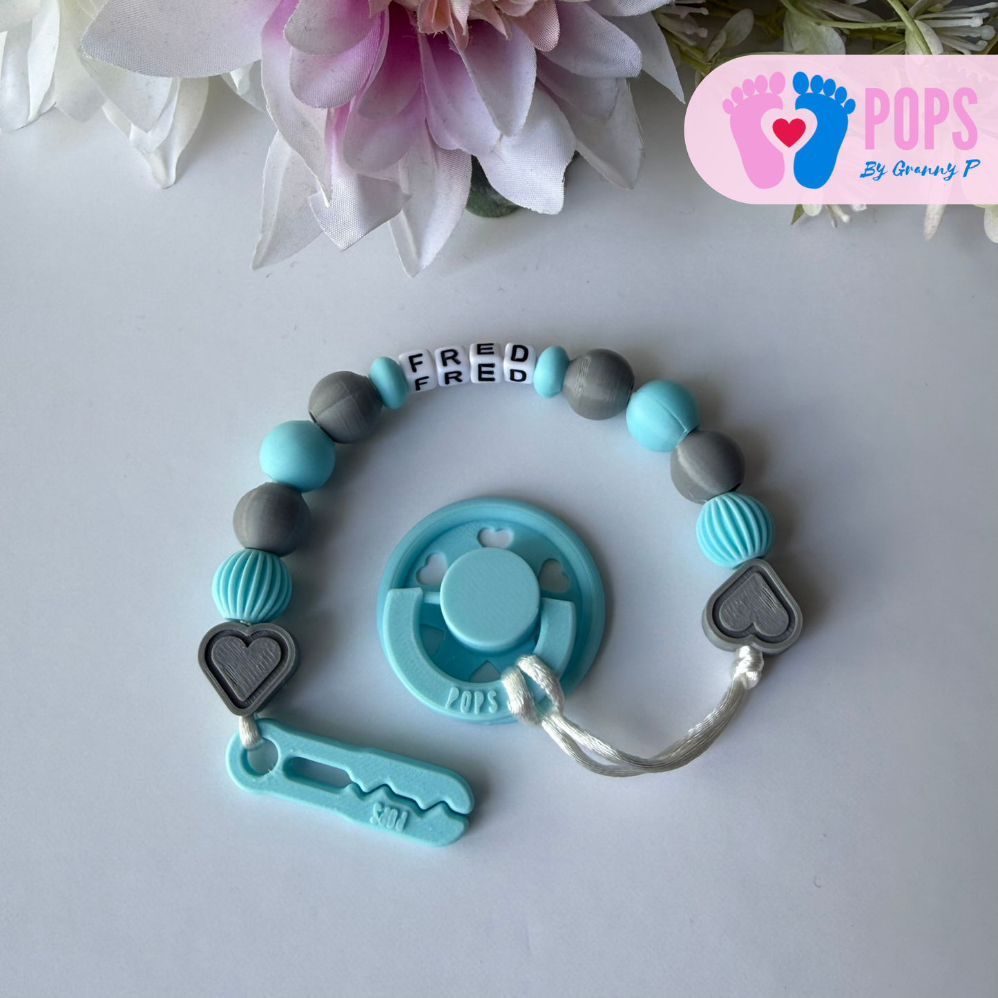 POPS Dummy Clip - Blue & Grey Hearts & Lanterns - Can be personalised