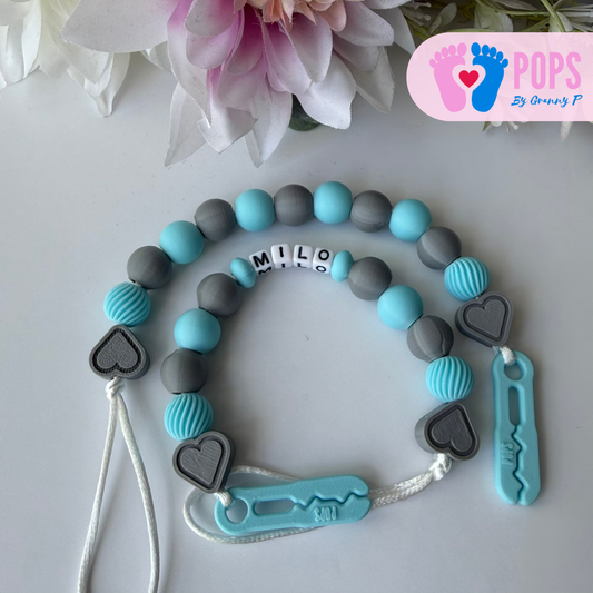 POPS Dummy Clip - Blue & Grey Hearts & Swirls - Can be personalised
