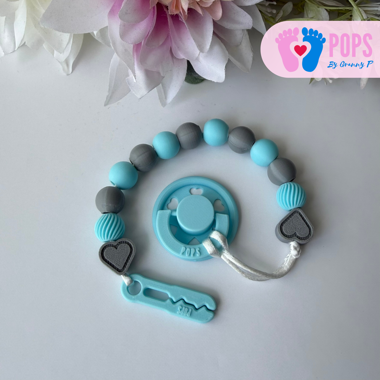 POPS Dummy Clip - Blue & Grey Hearts & Swirls - Can be personalised
