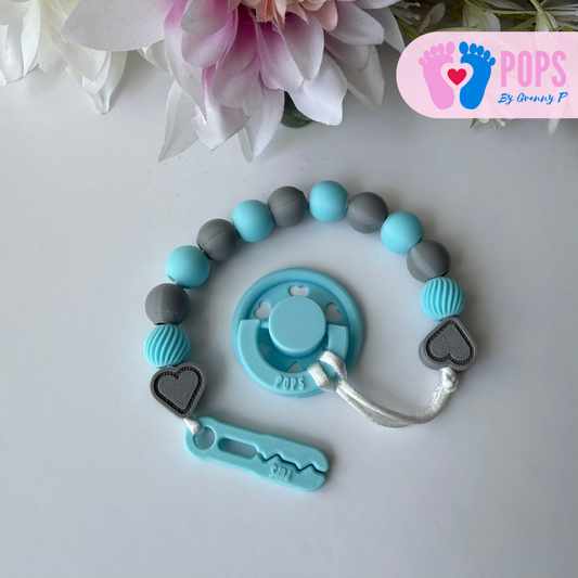 POPS Dummy Clip - Blue & Grey Hearts & Swirls - Can be personalised