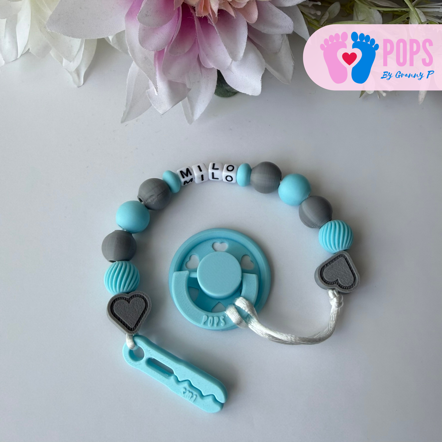 POPS Dummy Clip - Blue & Grey Hearts & Swirls - Can be personalised