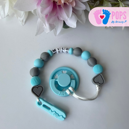 POPS Dummy Clip - Blue & Grey Hearts & Swirls - Can be personalised