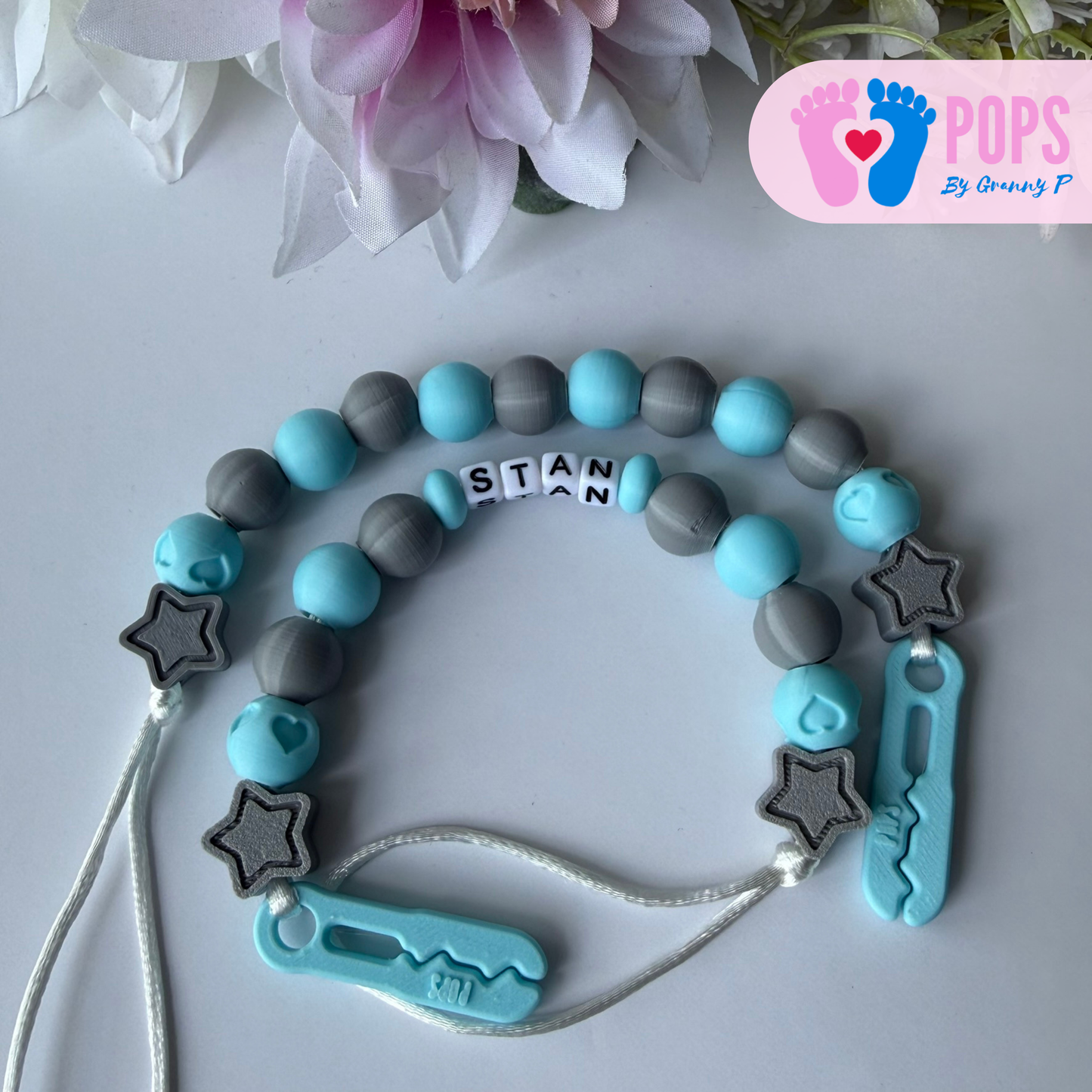 POPS Dummy Clip - Blue & Grey Stars & Hearts - Can be personalised