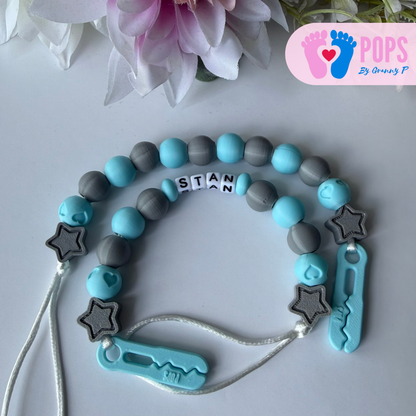 POPS Dummy Clip - Blue & Grey Stars & Hearts - Can be personalised