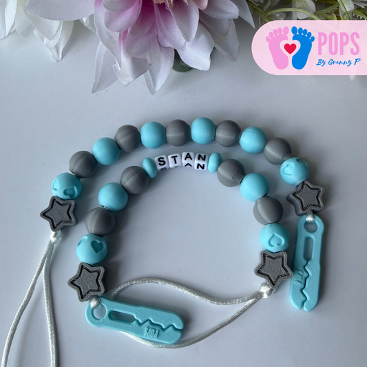 POPS Dummy Clip - Blue & Grey Stars & Hearts - Can be personalised