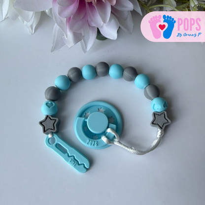 POPS Dummy Clip - Blue & Grey Stars & Hearts - Can be personalised