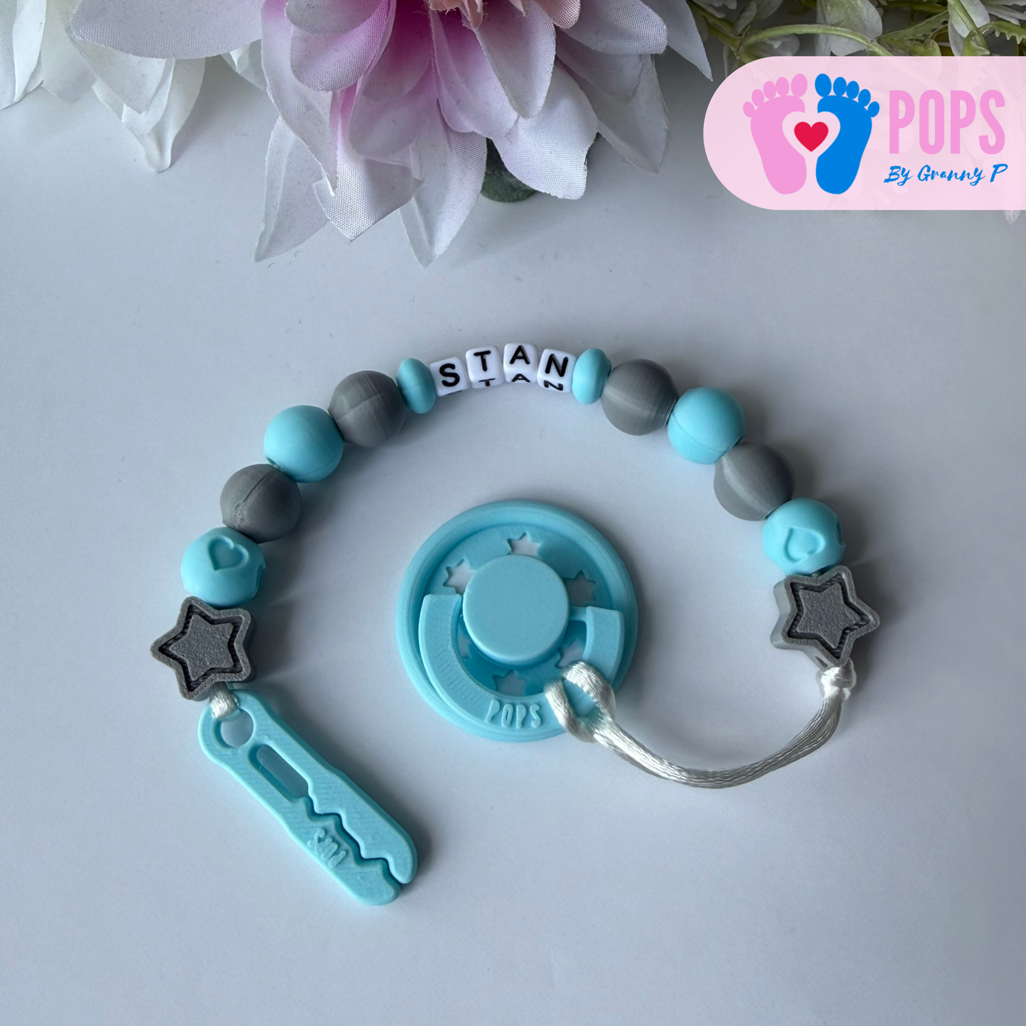 POPS Dummy Clip - Blue & Grey Stars & Hearts - Can be personalised