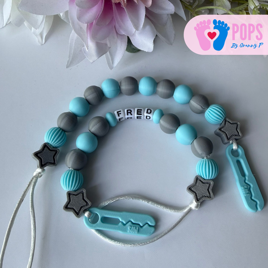 POPS Dummy Clip - Blue & Grey Stars & Lanterns - Can be personalised