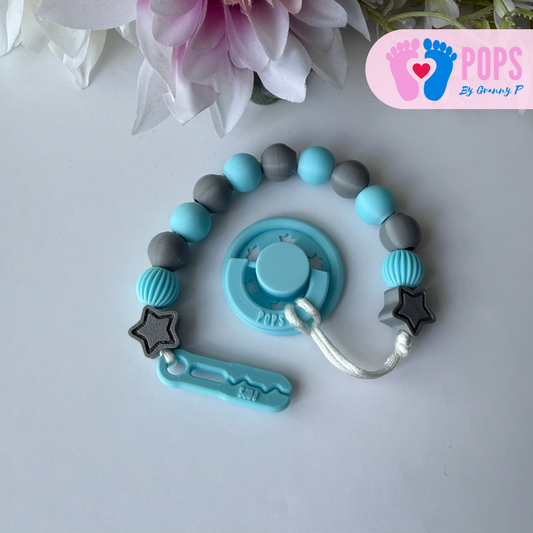 POPS Dummy Clip - Blue & Grey Stars & Lanterns - Can be personalised