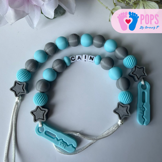 POPS Dummy Clip - Blue & Grey Stars & Swirls - Can be personalised