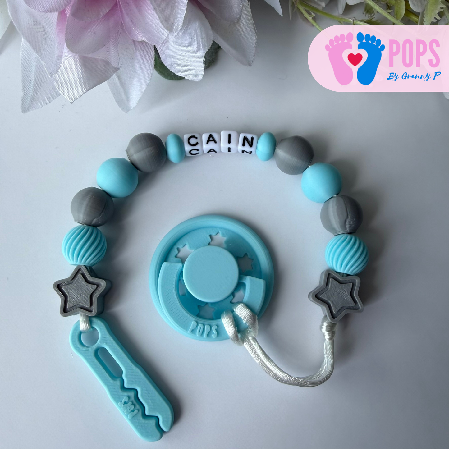 POPS Dummy Clip - Blue & Grey Stars & Swirls - Can be personalised