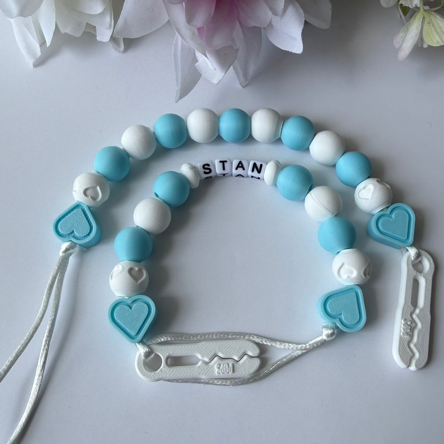 POPS Dummy Clip - Blue & White Hearts & Hearts - Can be personalised