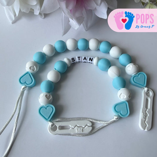 POPS Dummy Clip - Blue & White Hearts & Hearts - Can be personalised