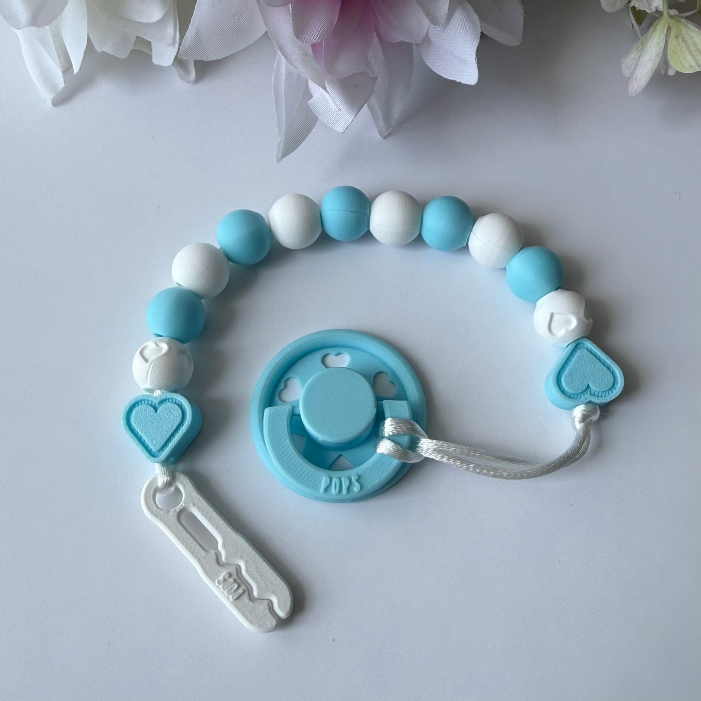 POPS Dummy Clip - Blue & White Hearts & Hearts - Can be personalised