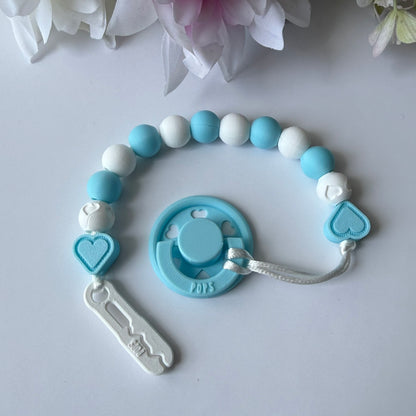 POPS Dummy Clip - Blue & White Hearts & Hearts - Can be personalised