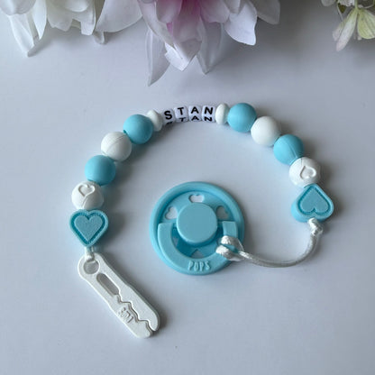 POPS Dummy Clip - Blue & White Hearts & Hearts - Can be personalised