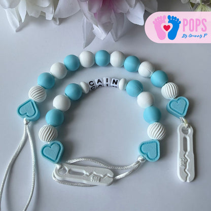 POPS Dummy Clip - Blue & White Hearts & Swirls - Can be personalised