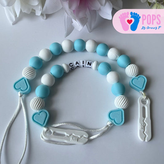 POPS Dummy Clip - Blue & White Hearts & Swirls - Can be personalised
