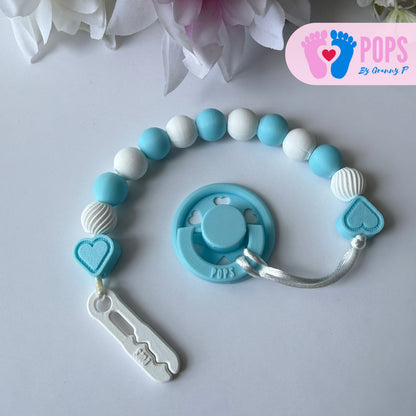 POPS Dummy Clip - Blue & White Hearts & Swirls - Can be personalised
