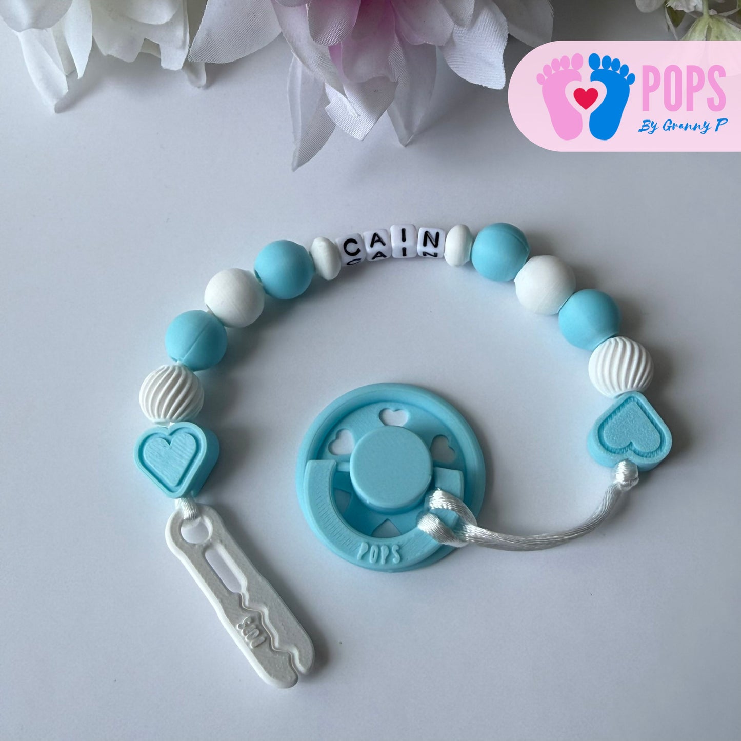 POPS Dummy Clip - Blue & White Hearts & Swirls - Can be personalised