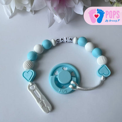 POPS Dummy Clip - Blue & White Hearts & Swirls - Can be personalised