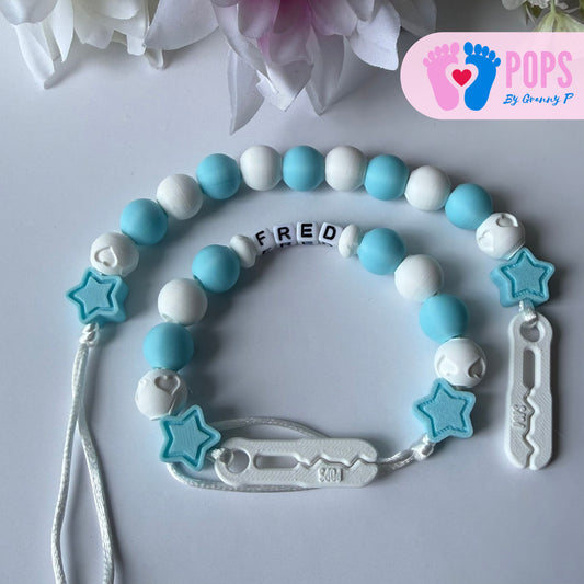 POPS Dummy Clip - Blue & White Stars & Hearts - Can be personalised
