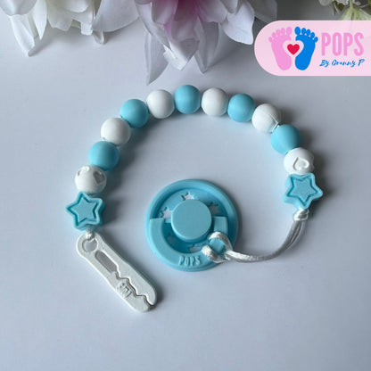 POPS Dummy Clip - Blue & White Stars & Hearts - Can be personalised