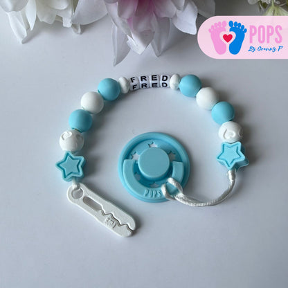 POPS Dummy Clip - Blue & White Stars & Hearts - Can be personalised