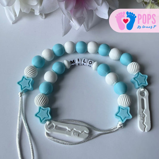POPS Dummy Clip - Blue & White Stars & Swirls - Can be personalised