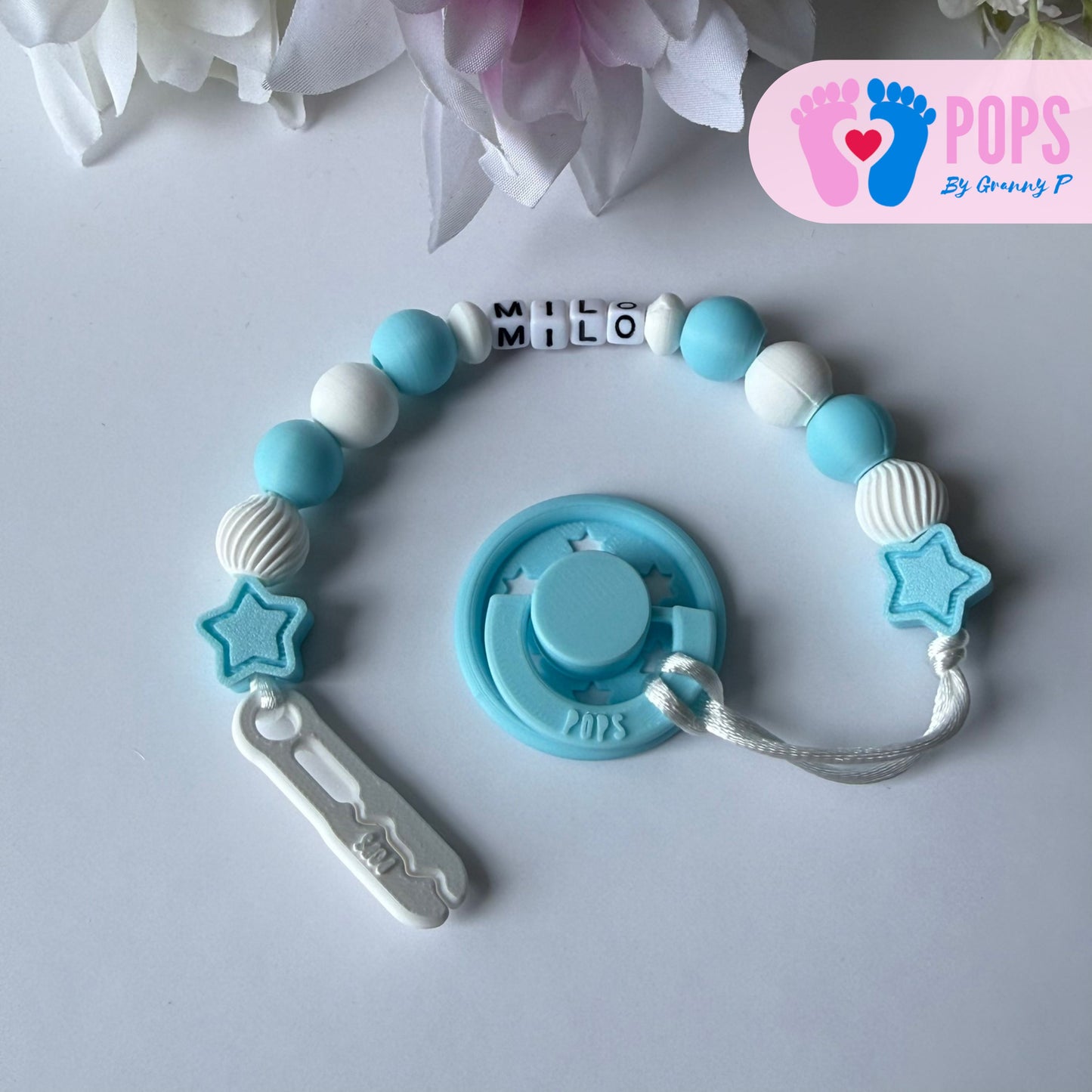 POPS Dummy Clip - Blue & White Stars & Swirls - Can be personalised