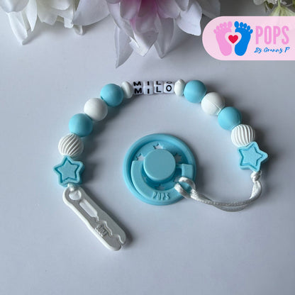 POPS Dummy Clip - Blue & White Stars & Swirls - Can be personalised