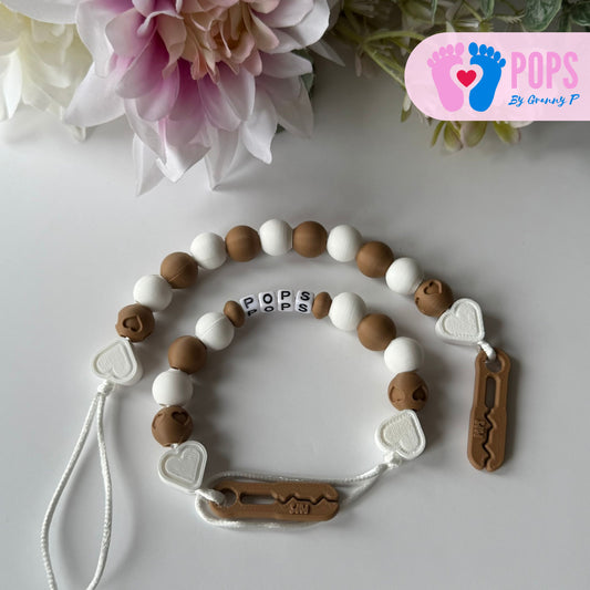 POPS Dummy Clip - Cappuccino & White Hearts & Hearts - Can be personalised