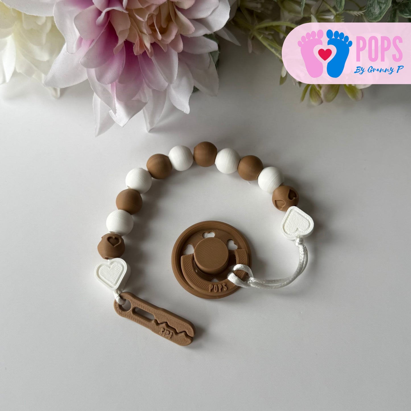 POPS Dummy Clip - Cappuccino & White Hearts & Hearts - Can be personalised