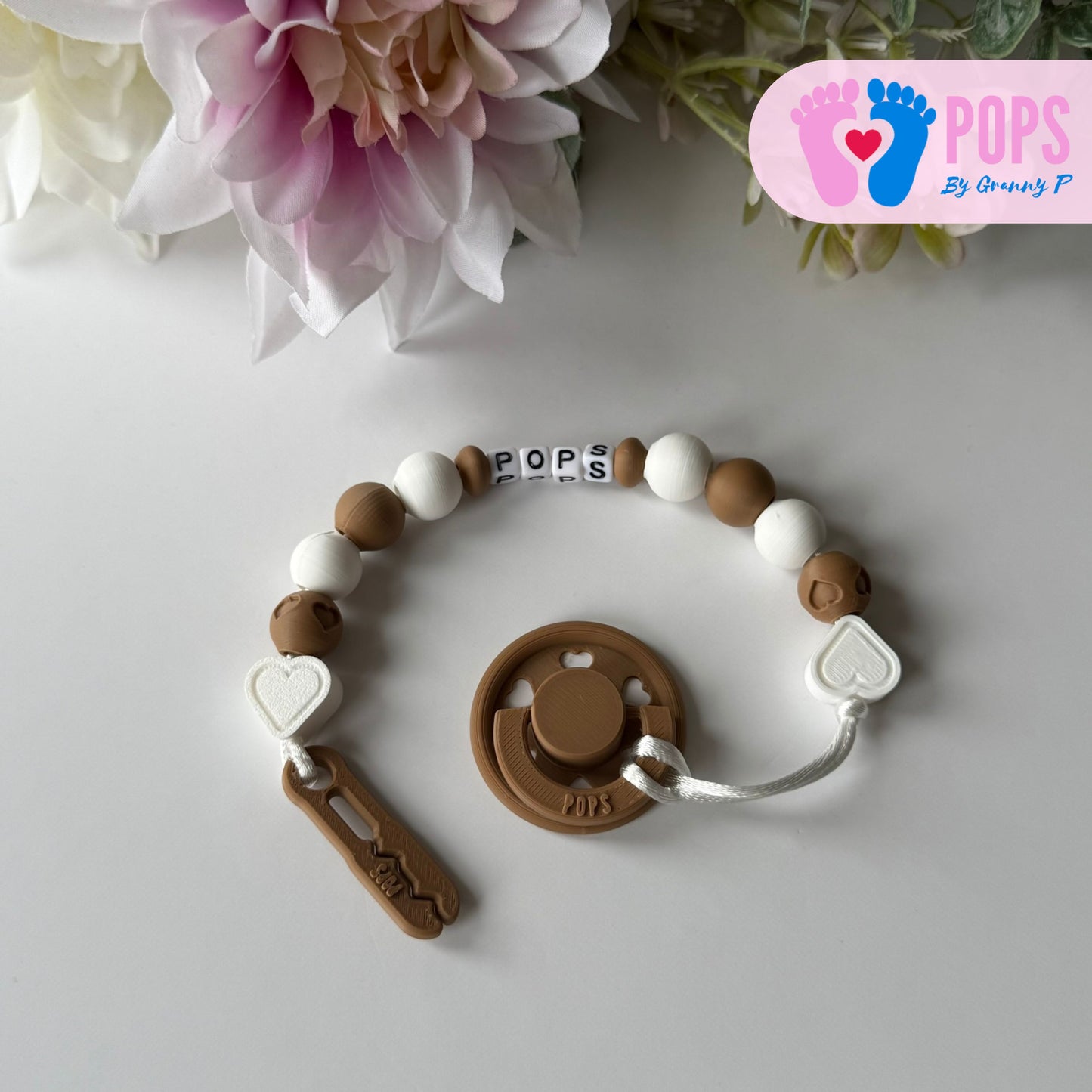 POPS Dummy Clip - Cappuccino & White Hearts & Hearts - Can be personalised