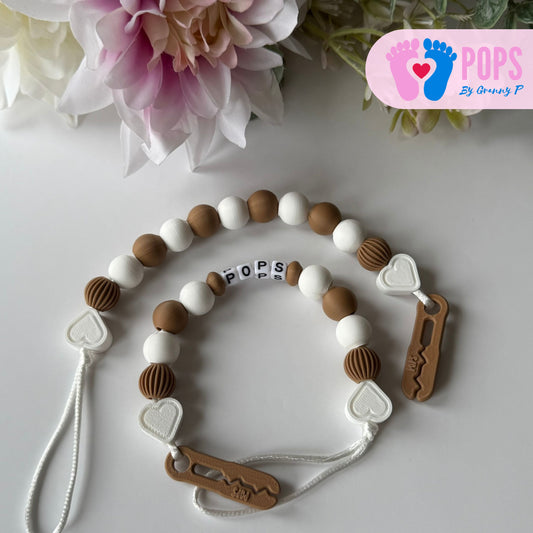 POPS Dummy Clip - Cappuccino & White Hearts & Lanterns - Can be personalised