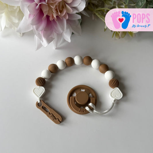 POPS Dummy Clip - Cappuccino & White Hearts & Lanterns - Can be personalised