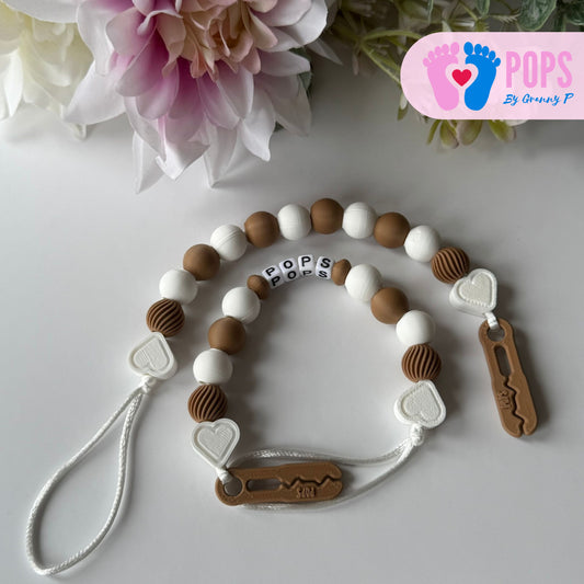 POPS Dummy Clip - Cappuccino & White Hearts & Swirls - Can be personalised