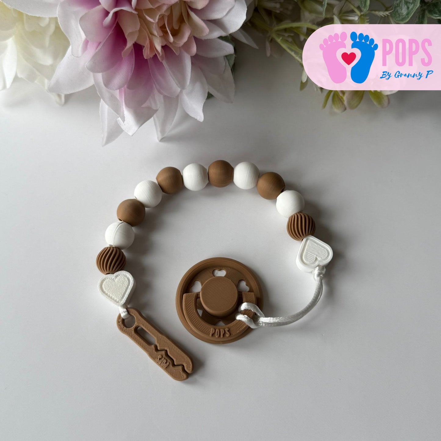 POPS Dummy Clip - Cappuccino & White Hearts & Swirls - Can be personalised
