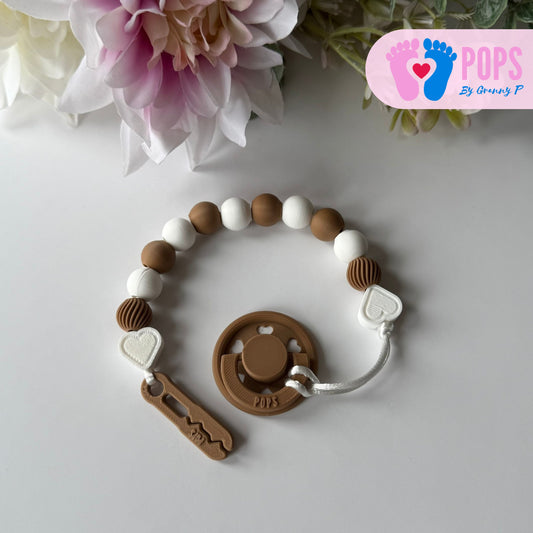 POPS Dummy Clip - Cappuccino & White Hearts & Swirls - Can be personalised